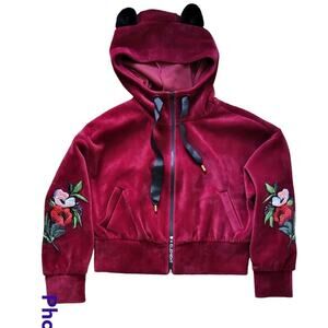 XElement Maroon Velvet Hooded With Ears Full Zip Cropped Sweatshirt Medium
